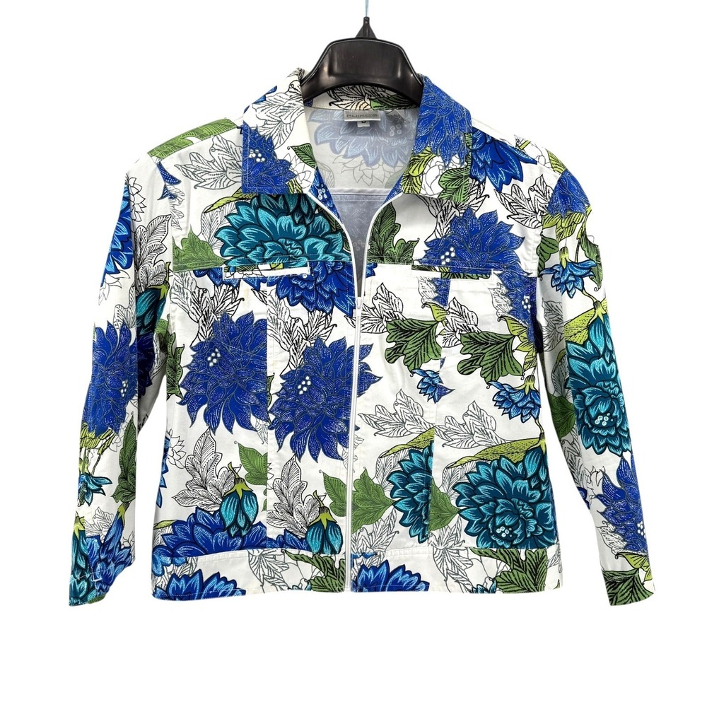 Chico's Womens 0 Pre-owned Floral Zip Front Jacket Blue Green White Boho Preppy
